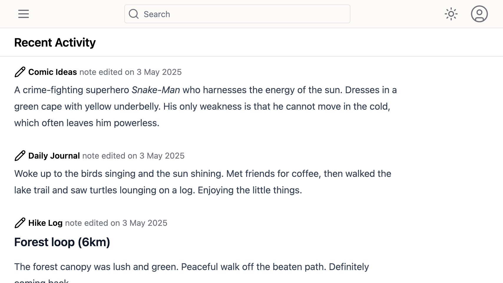 Recent activity page screenshot